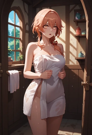 hair flower,high ponytail,towel,sexy  - AI generated anime art