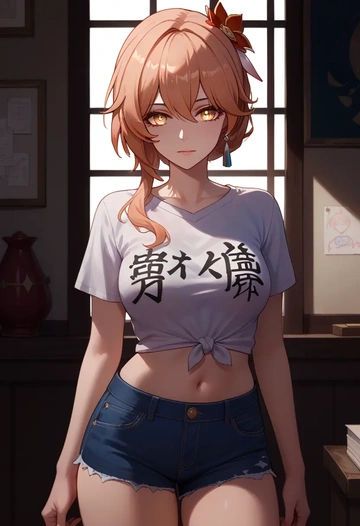 hair flower,high ponytail,denim shorts  - AI generated anime art