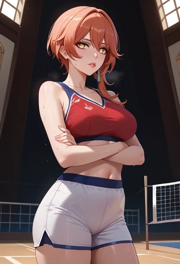 hair flower,high ponytail,volleyball uniform  - AI generated anime art