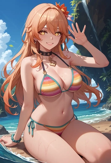 hair flower,high ponytail,bikini,rainbow-colored,sexy  - AI generated anime art