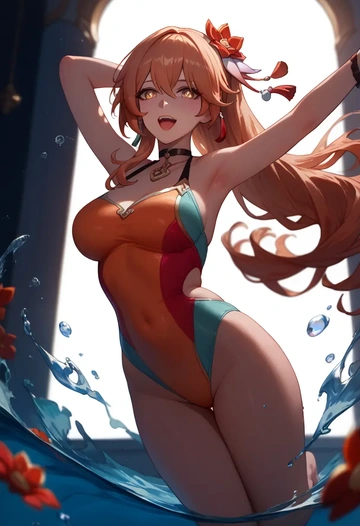 hair flower,high ponytail,swimsuit,sexy  - AI generated anime art