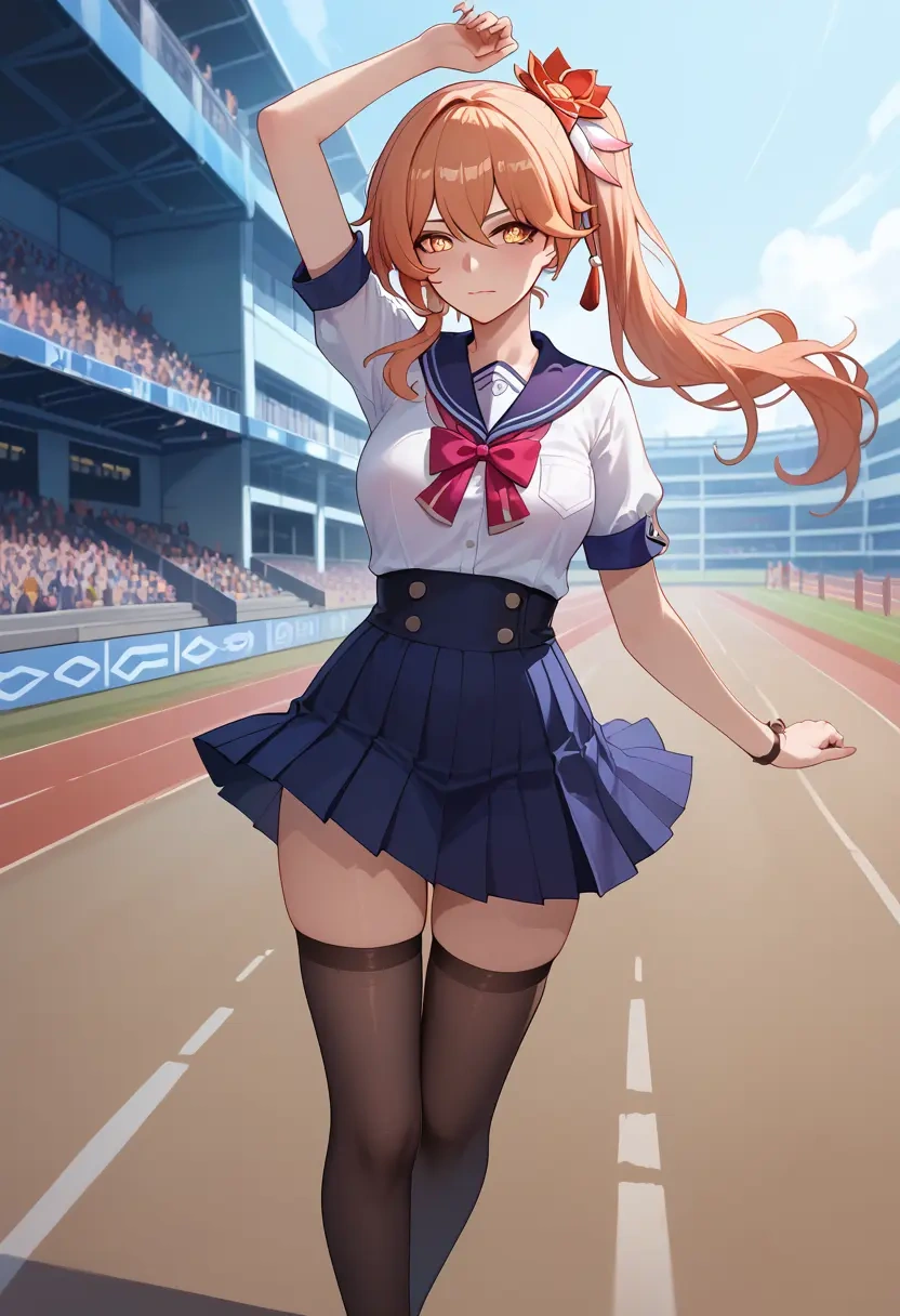 hair flower,high ponytail,jk uniform, stockings  - 