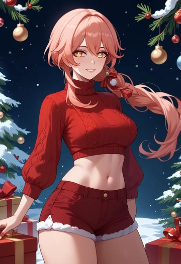 hair flower,high ponytail,Christmas,red velvet shorts,turtleneck sweater  - AI generated anime art