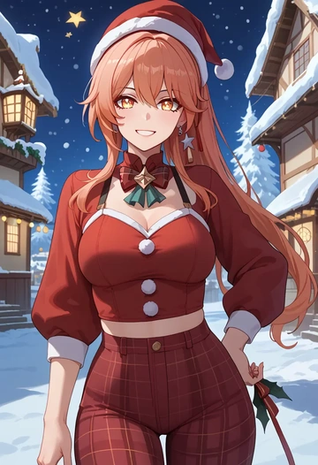 hair flower,high ponytail,Christmas,plaid trousers  - AI generated anime art