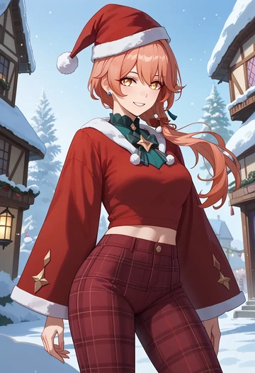 hair flower,high ponytail,Christmas,plaid trousers  - AI generated anime art