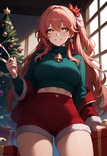 hair flower,high ponytail,Christmas,red velvet shorts,turtleneck sweater  - AI generated anime art