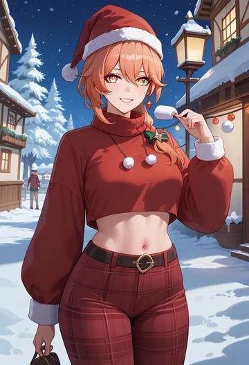 hair flower,high ponytail,Christmas,plaid trousers  - AI generated anime art