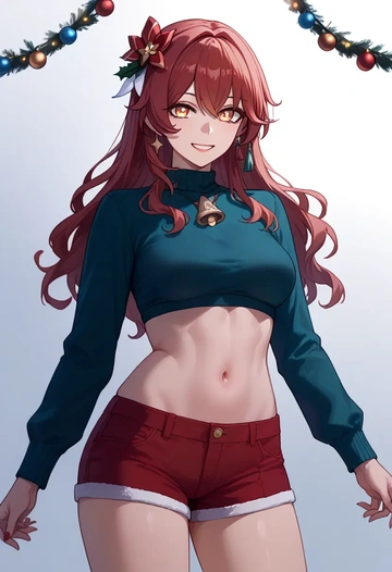 hair flower,high ponytail,Christmas,red velvet shorts  - AI generated anime art