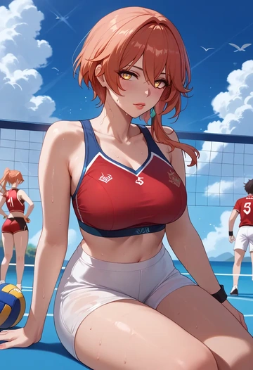 hair flower,high ponytail,volleyball uniform  - AI generated anime art