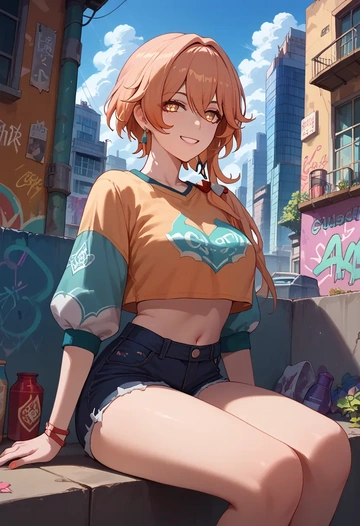 hair flower,high ponytail,cropped graffiti sweatshirt,dolphin shorts  - AI generated anime art