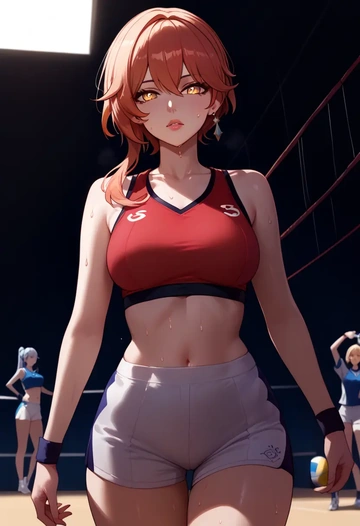 hair flower,high ponytail,volleyball uniform  - AI generated anime art