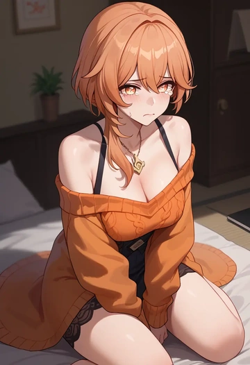 hair flower,high ponytail,orange,sweater  - AI generated anime art