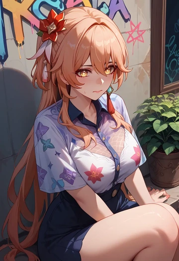 hair flower,high ponytail,silk graffiti shirt,dolphin shorts  - AI generated anime art