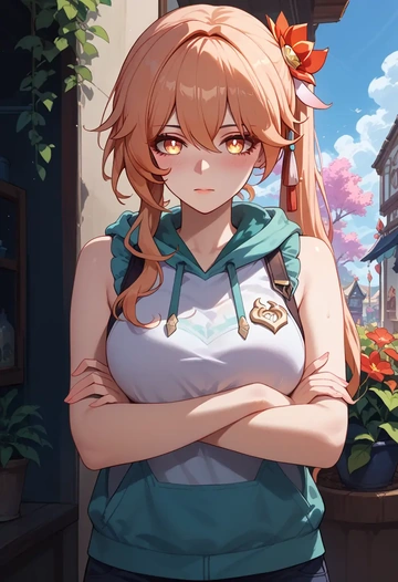 hair flower,high ponytail,sleeveless hoodie,biker shorts  - AI generated anime art