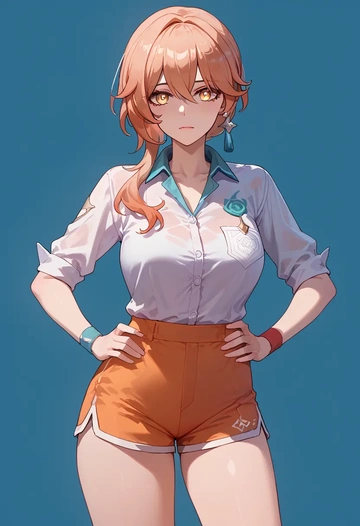 hair flower,high ponytail,tennis polo,skort  - AI generated anime art