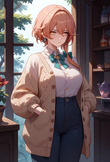 hair flower,high ponytail,cardigan,oversized,wide-leg pants  - AI generated anime art