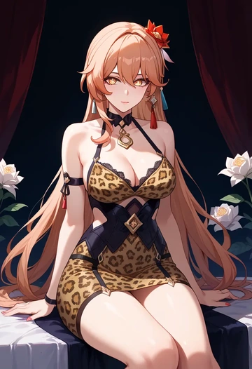 hair flower,high ponytail,leopard print,silk slip dress  - AI generated anime art