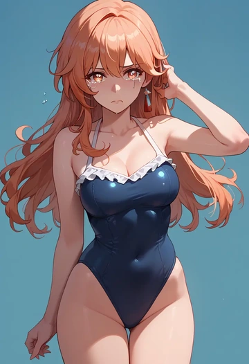 hair flower,high ponytail,retro style swimsuit,frilled neckline,bow detail  - AI generated anime art