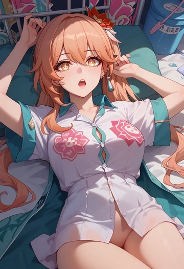 hair flower,high ponytail,oversized graffiti shirt,dolphin shorts  - AI generated anime art