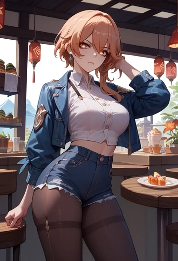 hair flower,high ponytail,denim jacket,cropped,leather leggings  - AI generated anime art