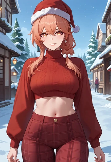 hair flower,high ponytail,Christmas,plaid trousers  - AI generated anime art