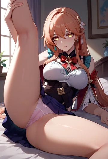 hair flower,high ponytail,mini skirt,panties,spread legs,one leg up,sexy  - AI generated anime art