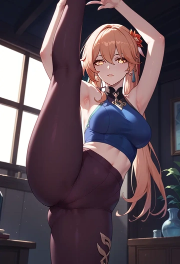 hair flower,high ponytail,yoga, standing split,sexy,  - AI generated anime art