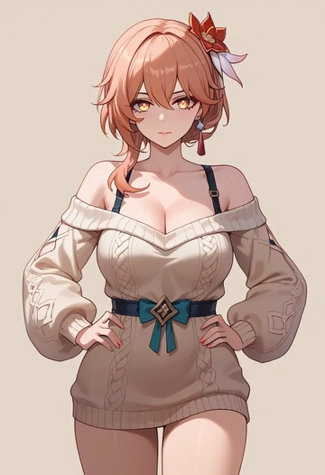 hair flower,high ponytail,Hands on hips,off-shoulder,sweater  - AI generated anime art