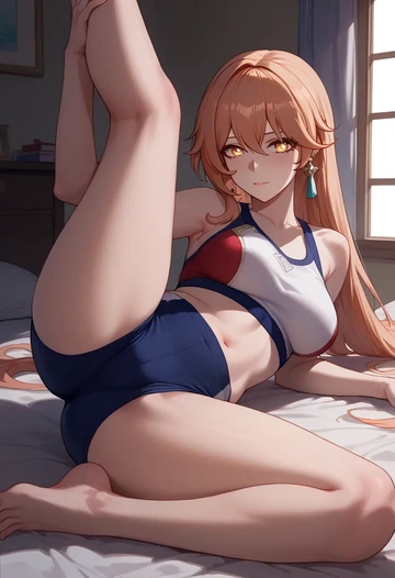 hair flower,high ponytail,yoga shorts,spread legs,sexy,one leg up  - AI generated anime art