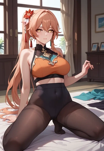 hair flower,high ponytail,leggings,yoga  - AI generated anime art