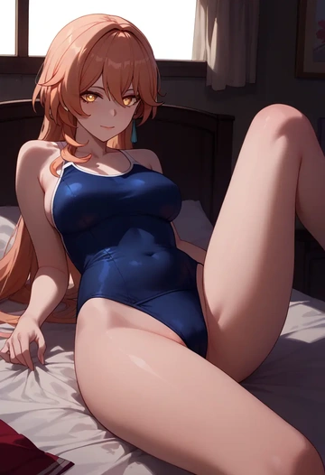 hair flower,high ponytail,school swimsuit,swimsuit,spread legs,sexy,one leg up  - AI generated anime art