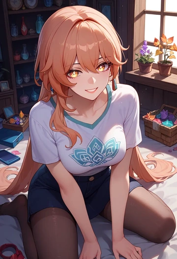 hair flower,high ponytail,handwritten script shirt,dolphin shorts  - AI generated anime art