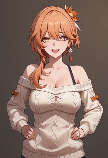 hair flower,high ponytail,orange,sweater  - AI generated anime art