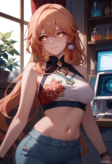 hair flower,high ponytail,crop top,athletic shorts  - AI generated anime art