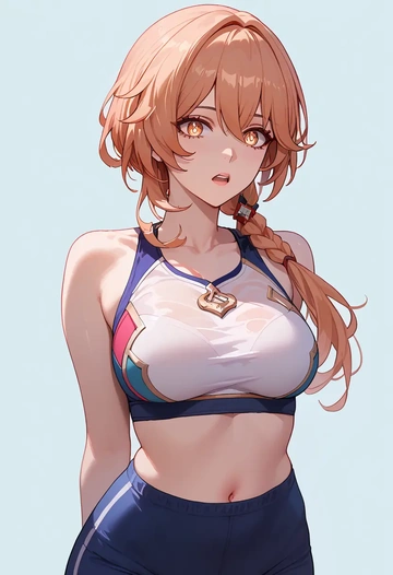 hair flower,high ponytail,tankini top,board shorts  - AI generated anime art