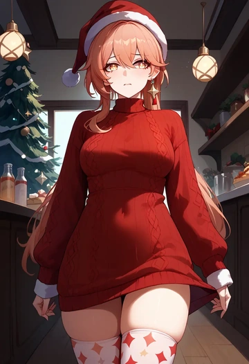 hair flower,high ponytail,Christmas,sweater dress,stockings  - AI generated anime art