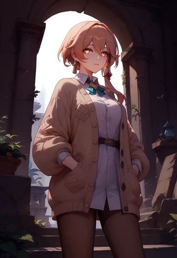 hair flower,high ponytail,cardigan,oversized,wide-leg pants  - AI generated anime art