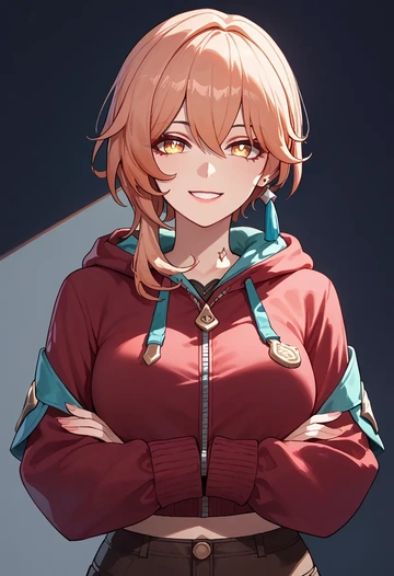 hair flower,high ponytail,crop hoodie,shorts  - AI generated anime art