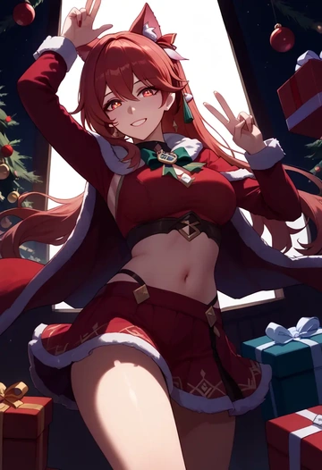 hair flower,high ponytail,Christmas,skirt  - AI generated anime art