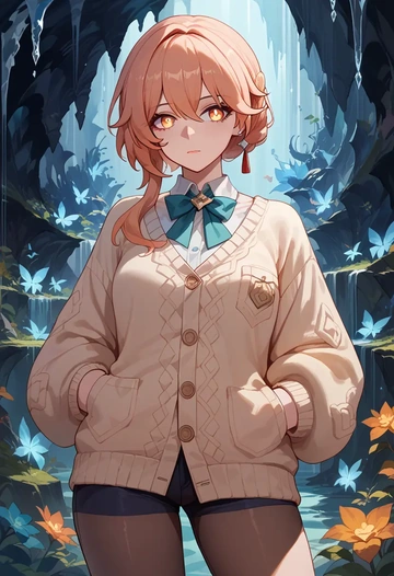 hair flower,high ponytail,cardigan,oversized,wide-leg pants  - AI generated anime art