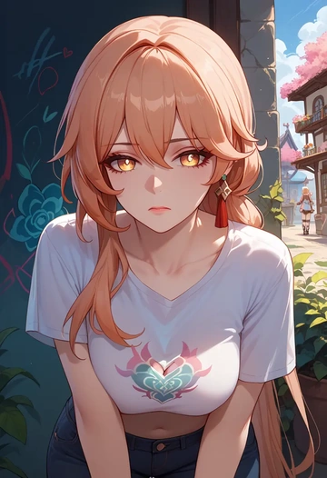 hair flower,high ponytail,crop graffiti tee,dolphin shorts  - AI generated anime art