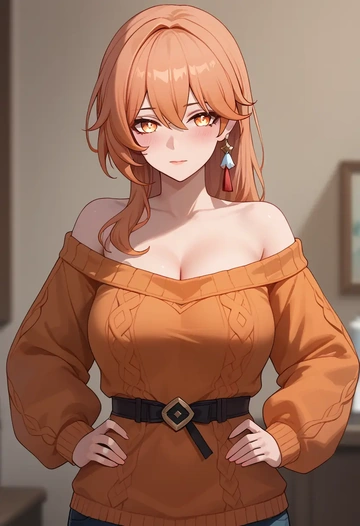 hair flower,high ponytail,orange,sweater  - AI generated anime art