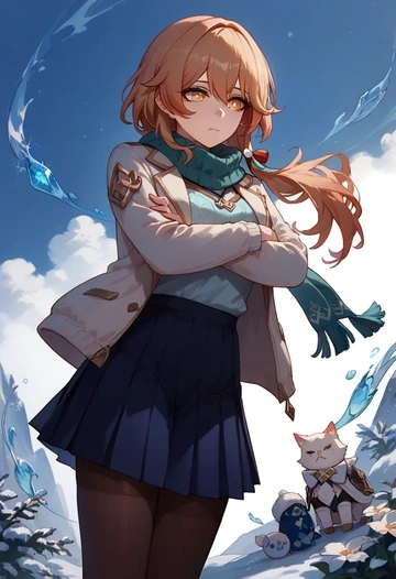 hair flower,high ponytail,winter,student uniform,puffer jacket  - AI generated anime art