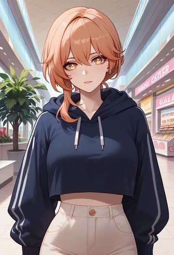 hair flower,high ponytail,hoodie,cropped,high-waisted joggers  - AI generated anime art