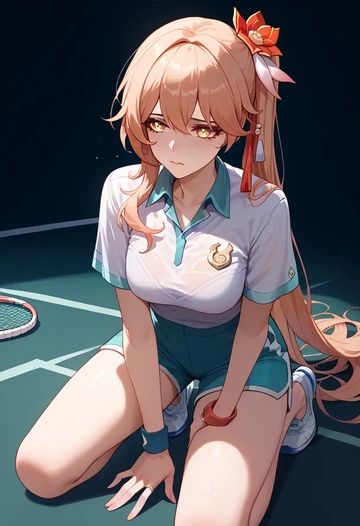 hair flower,high ponytail,tennis polo,skort  - AI generated anime art