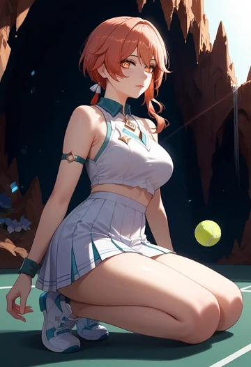 hair flower,high ponytail,tennis skirt  - AI generated anime art