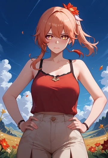 hair flower,high ponytail,tank top,drawstring pants  - AI generated anime art