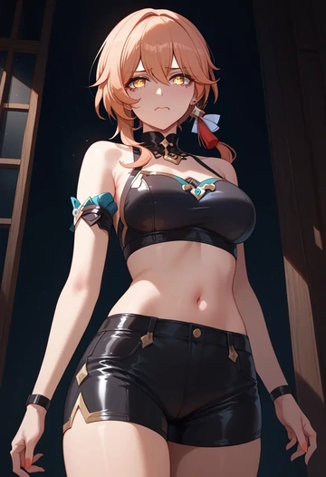 hair flower,high ponytail,leather,shorts,crop top  - AI generated anime art