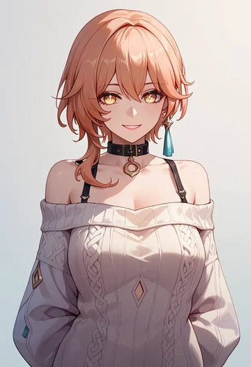 hair flower,high ponytail,sweater,off-shoulder,collar  - AI generated anime art