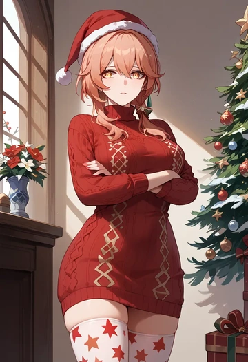 hair flower,high ponytail,Christmas,sweater dress,stockings  - AI generated anime art